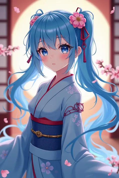 Blue haired anime girl, wearing a traditional Japanese costume