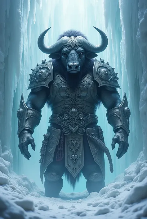 Create an image of a buffalo in warrior armor frozen in a block of ice 