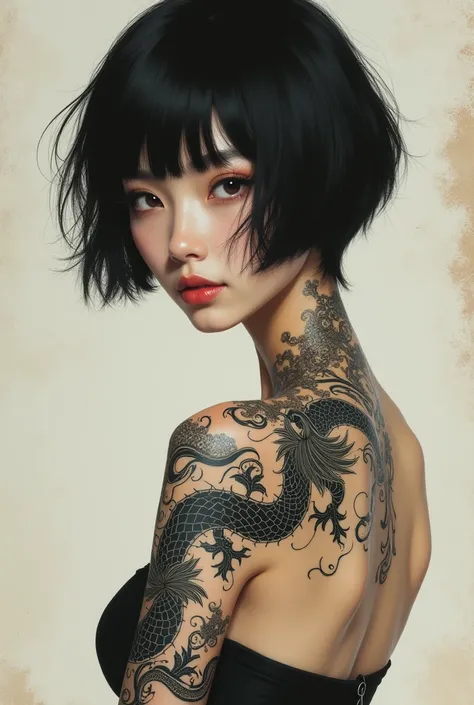 Skinny Japanese woman with delicate features , with short black hair,  do it with a Chinese dragon tattoo, Semi-realism format