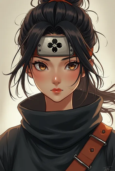 A real ninja anime character, she is white, the color of coffee with milk, her eyes slanted, like dark brown in Japanese, her lips are plump and her eyebrows are not so thick and not so thin, she has to wear a headband with the symbol of a flower that is h...