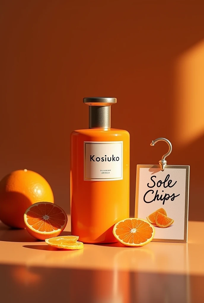 Kosiuko orange perfume on a table with a sign that says Sole chips