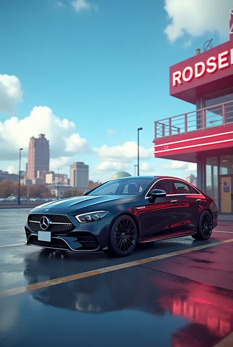 Create a realistic image with a blue sky during the day and a Mercedes in a parking lot in the background, a red light district in the background 