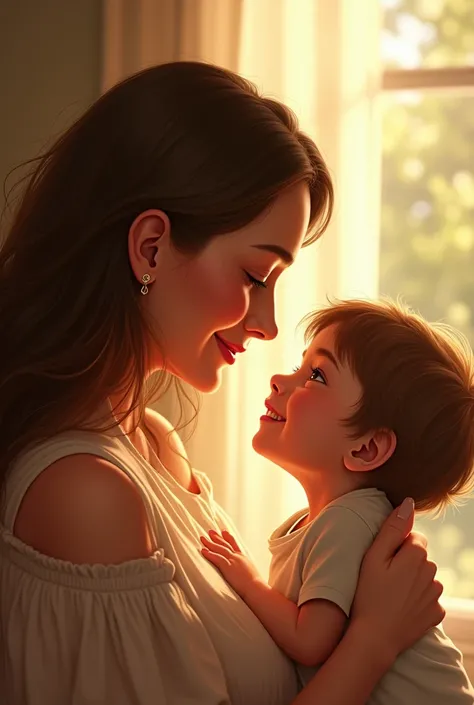 Beautiful woman with long brown hair is with her son in a fifo moment of affection and a lot of love 