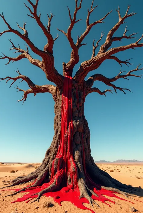 "An eye-catching image of a dragon blood tree with its bright red sap dripping from the trunk, set against a stark, dry desert landscape. The tree stands out with its unique red-colored sap, contrasting against the golden-brown earth. The background featur...