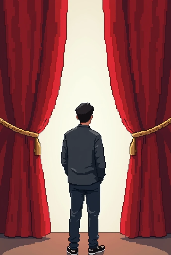 arafed image of a man standing in front of a red curtain, pixel art inspired by Ni Yuanlu, tumblr, hurufiyya, taken on an iphone, at the museum, turkey, riyahd cassiem, in front of white back drop, in the museum, like in museum, snapchat photo, museum phot...