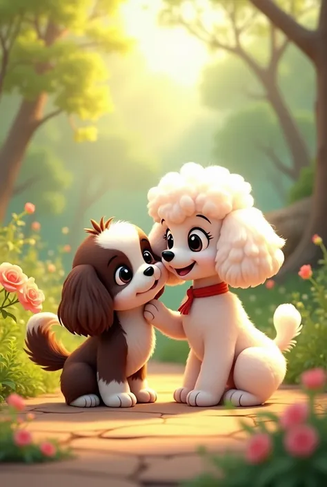 Disney movie style little puppy dark Brown and white Shitzu with friend big white poodle