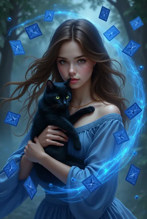 Une fille aux cheveux bruns mi-longs et yeux bruns   avec des cartes as de piques bleus gravitant autour delle. Elle tient dans ses bras   un  chat noir. le style de dessin est Arcane de League of legends