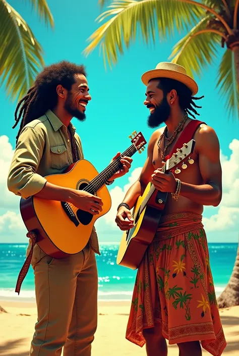 Reggae singer Bob Marley on a beach playing with forro singer Luiz Gonzaga