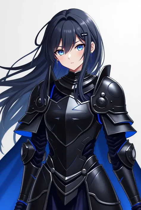 Anime girl with black hair and blue eyes wearing full-body medieval black armor with blue details and black cross earring, The whole body is visible