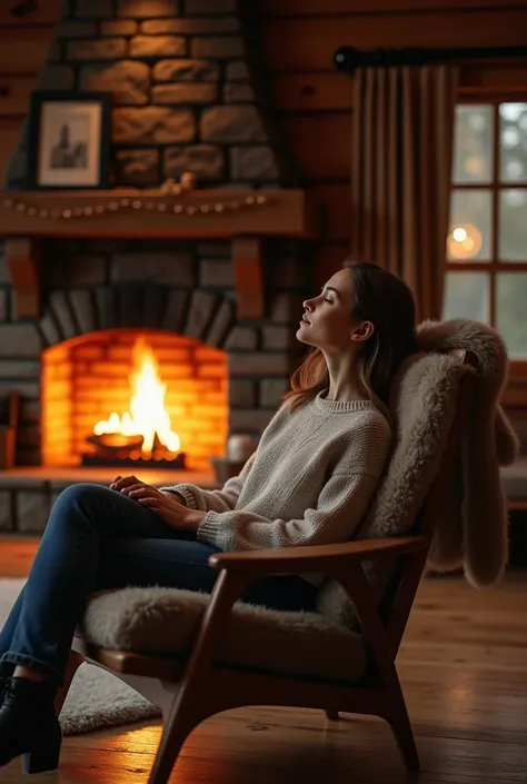 A woman in a cozy cabin, relaxing by the fireplace, masterpiece, ultra-detailed, realistic, photorealistic, HDR, UHD, studio lighting, ultra-fine painting, sharp focus, physically-based rendering, extreme detail description, professional, vivid colors, bok...