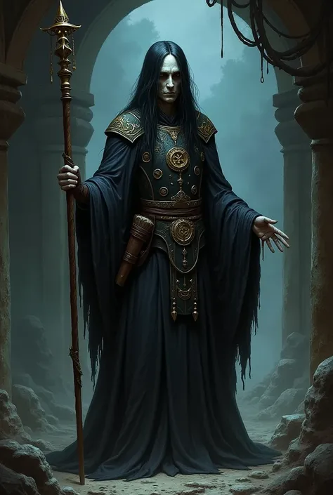 Um necromante humano de dungeon an dragons, tall and thin,  with long black hair and pale skin ,  holding a staff and with a leather glove in his left hand. And wearing a dark robe with symbols
