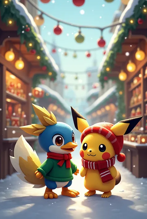 Create a Christmas image of Pichu and Falco in a Christmas market 