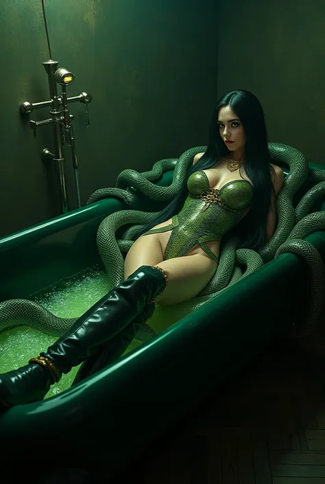 } Lira Sky is lying in a Victorian bathtub ,  with an enigmatic and confident look .  A The bathtub is dark green with a shiny finish ,  surrounded by snakes that slip through her skin and wrap around her arms and legs .  The environment is dark and dramat...