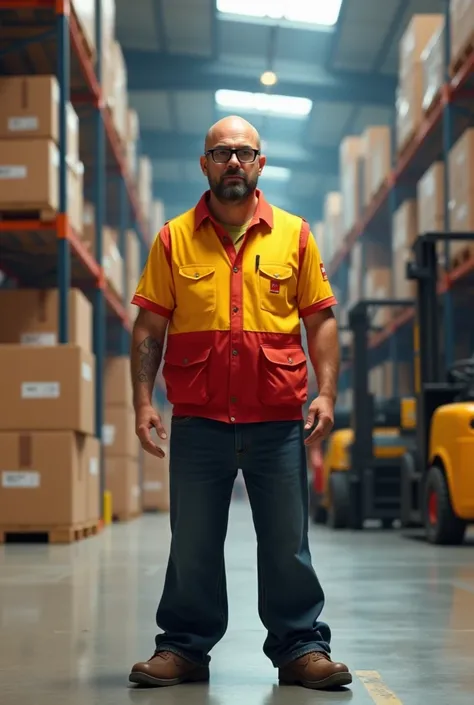   40-year-old man, Slightly rounded and suspicious face, short black beard  ,   black glasses  , moreno , shaved hair,   wears a yellow and red DHL vest with wide dark jeans and safety shoes,   in the back of a logistics warehouse with forklifts   , Pixar ...