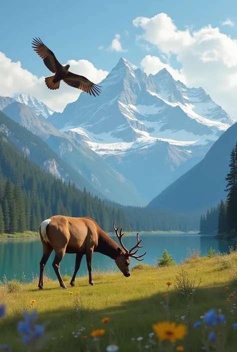 "A majestic deer grazing quietly on a beautiful pasture. In the background,  you can see mountains covered lightly by snow ,  with its majestic peaks that contrast with the clear blue sky .  The landscape is surrounded by a lush green forest ,  that create...