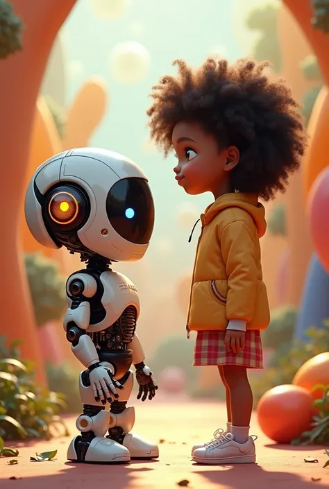 Can you show me an AI ,  but that looks like a small robot next to a curly-haired girl with brown skin,  preferably in an artistic environment  