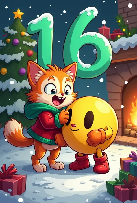 Create a Christmas image of Felinferno and Pac Man at Noel with the number 16