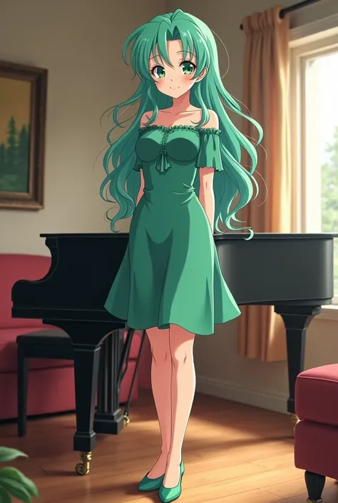 Michiru Kaioh Beautiful sexy anime adult woman with long turquoise green hair WAVY abundant green eyes turquoise green dress A-line casual short sleeve without shoulders green heels, standing next to the piano in the living room full body anime style  