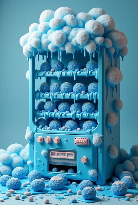 vending machine,  of candies , Lets see the candies , But be all the messy goodies ,  that are blue in color and have clouds painted on the outside 