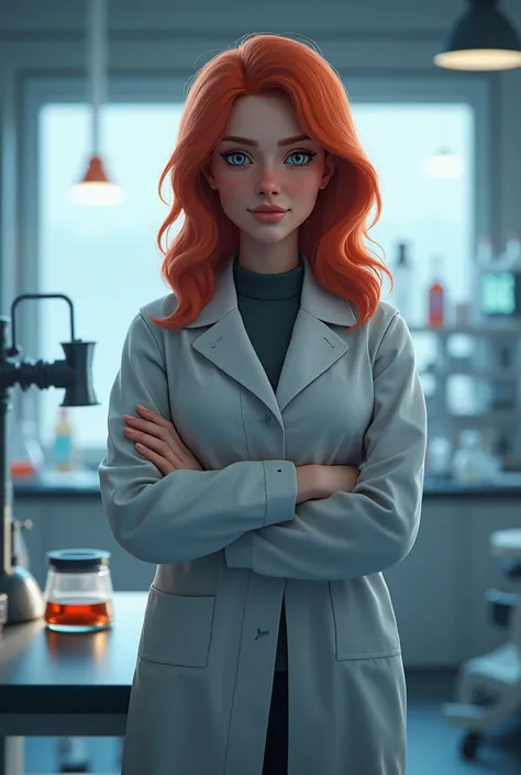  Arctic exploration background  ,  Laboratory background  , female,  red hair ,3d illustration ,  Looks like people in their 40s ,  Only pictures showing the upper body and staring straight ahead