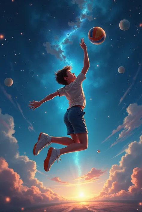 1 boy playing volleyball in the space