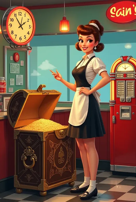 50s style waitress mural with treasure chest 