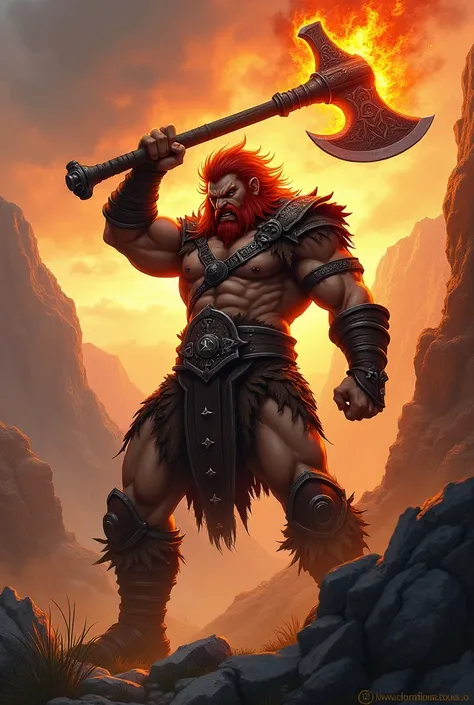 Draw a red-haired barbarian warrior with a flaming axe 