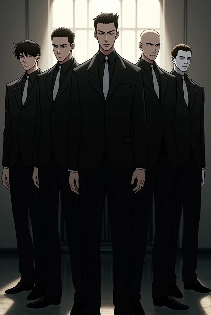 Mafia father group of 6 men.  All dressed in black .  First with black hair and underweight .  Second with normal weight and medium height ,  hair combed straight and short hair .  Third with short hair and thin and white skin .  Fourth with short hair and...