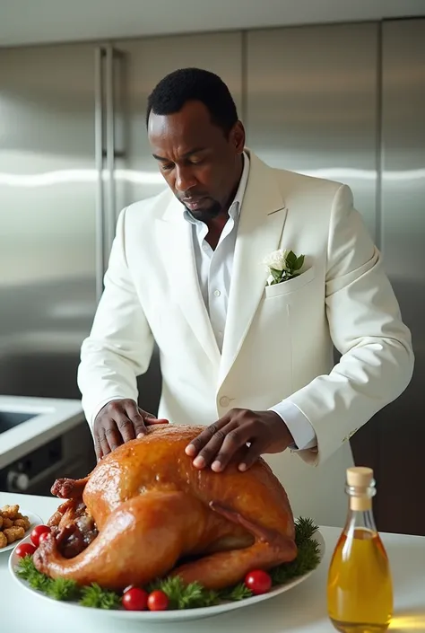 P Diddy stuffing a turkey, white suit, baby oil bottle on the table 