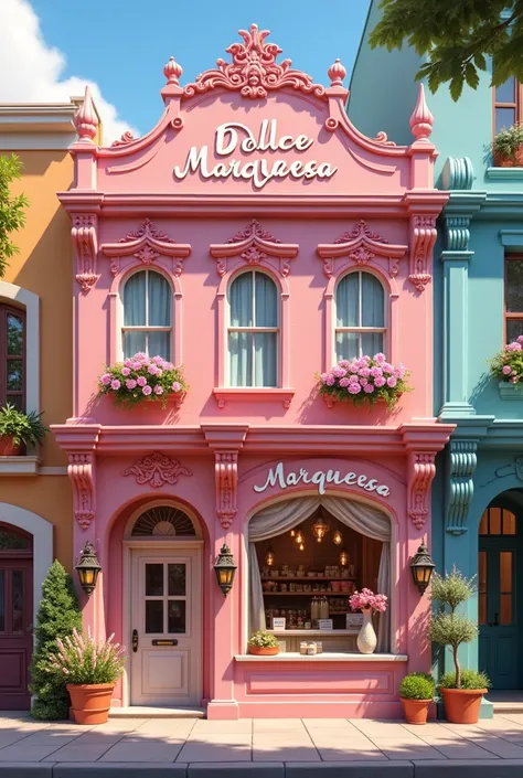 Make me a dessert place called Dolce Marquesa and that has a pink rendering type on the outside 