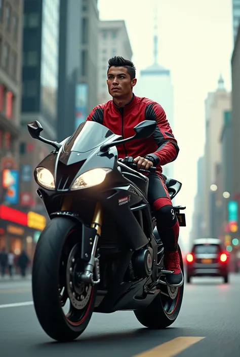 Football player Cristiano Ronaldo drives a bike 