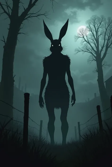 an anthropomorphic hybrid of a shadowy rabbit, he is in a shadowy farm during a storm realistic image seen from below, he is in a shadowy forest, he is bipedal like a human