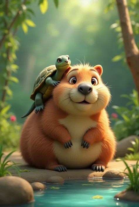 Animated capybara with a turtle on its back