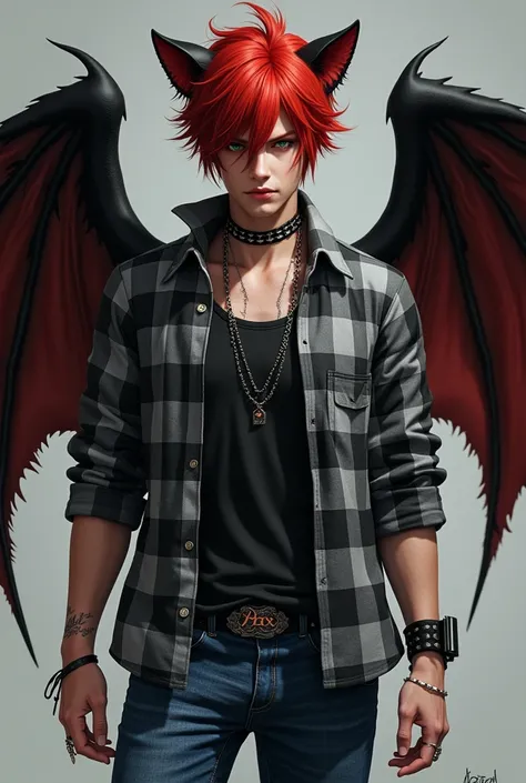 A trans man he has red hair red-black cat ears red-black wings and wears a gray checkered flannel shirt a black T-shirt with gloves and sleeves blue jeans a spiked collar a necklace leather bracelets and a ring on his finger