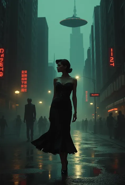 Create a 1950s-style movie poster with strong noir elements and sci-fi touches. The scene is set in a dark, shadowy cityscape with high contrast lighting. A glamorous femme fatale stands in the foreground, dressed in elegant, vintage attire. In the corner ...