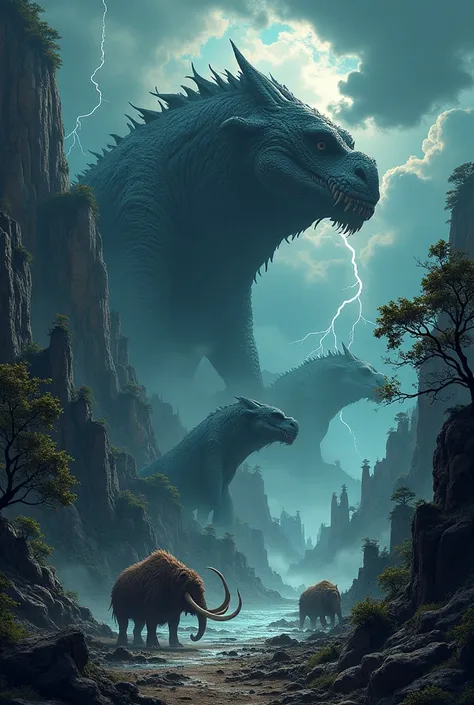  with a manga style cartoon, Create a dark island with giant ancient animals preying on each other