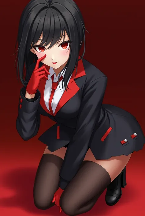 Mature, Woman, Black Hair, Long Bangs, Seductive Pose, Red Eyes, Sharp Eyes, Seductive Eyebrows, Smirk, Red Lipstick, Formal Clothing (Black and Red), Red Gloves, tailed jacket, C-cups, Heels, Short dark hair, Manipulative look, Anime fanart looking like, ...