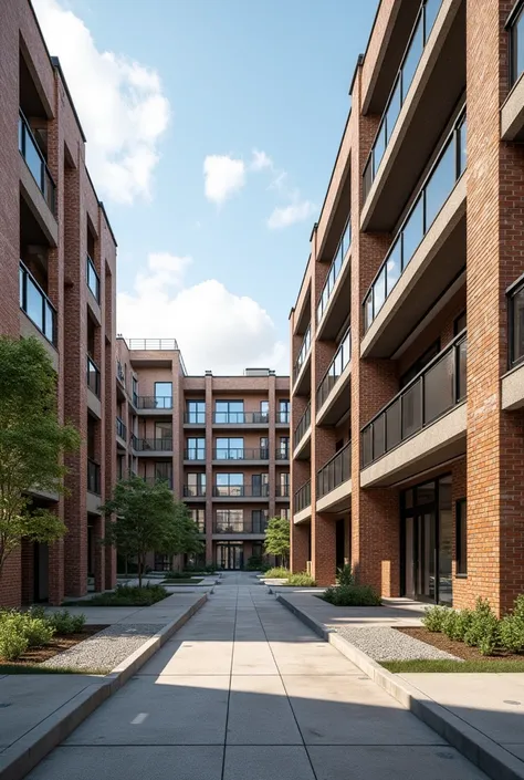 Make a photo image taken at 45° view from the first-person parking of an area with several modern industrial standard residential building with 3 floors with brown to beige color palettes, with different brickwork and textures 