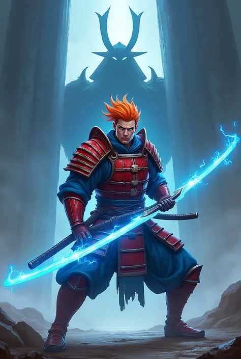 A samurai man with orange hair a shining blue energy katana, with red and blue armor، with blue eyes، and a huge shadow gates behind he