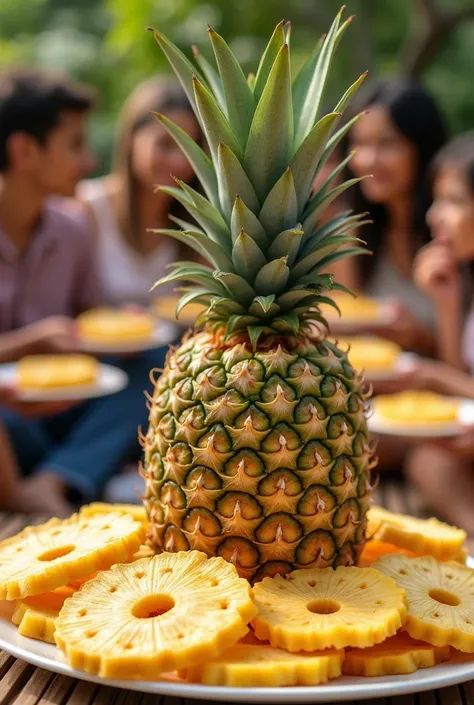 sliced dehydrated pineapple and back a natural pineapple ,  with several people eating sliced dehydrated pineapple.