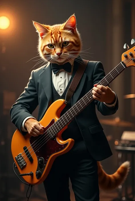 Cat in formal clothing playing the electric bass