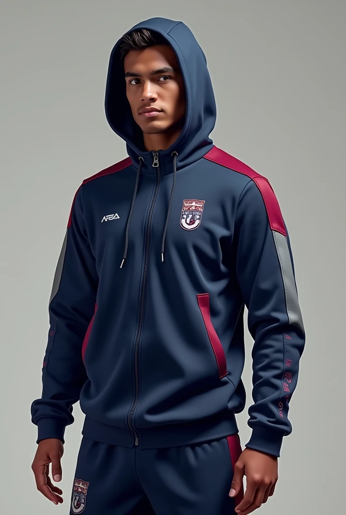 create a school sports team (hooded jacket and pants ) Navy blue, with wine and gray details