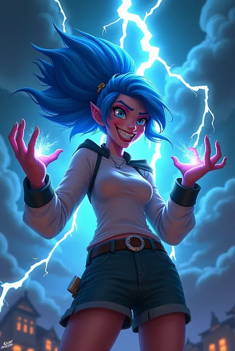 Jinx from Arcane with lightning bolt behind