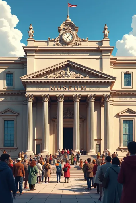 façade of a museum ,  with a sign that says museum ,   people in front of the façade collecting money for those most in need