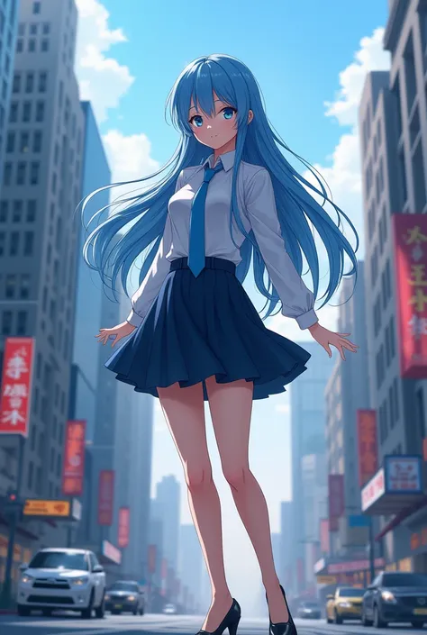 Anime girl standing on city street with long hair and blue eyes, trending in ArtStation Pixiv, purple eyes, blue tie, beautiful (detailed eyes, detailed face,) Ahegao, euladef, noble temperament, high heels, no watermark s black hair 