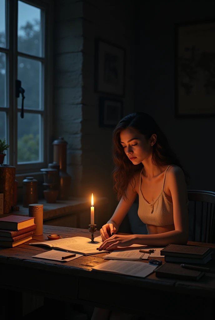 Girl studying nude at candlelight. Desk full of papers, a few books stacked at the side. Dark window