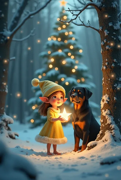  Little elf with light yellow dress standing frontally with glowing star in her hands 
Winterwald, Christmas tree in the back 
Black Rottweiler  
