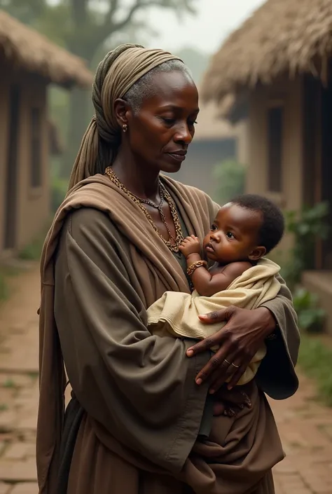 Older black woman carrying a baby in the 17th century 