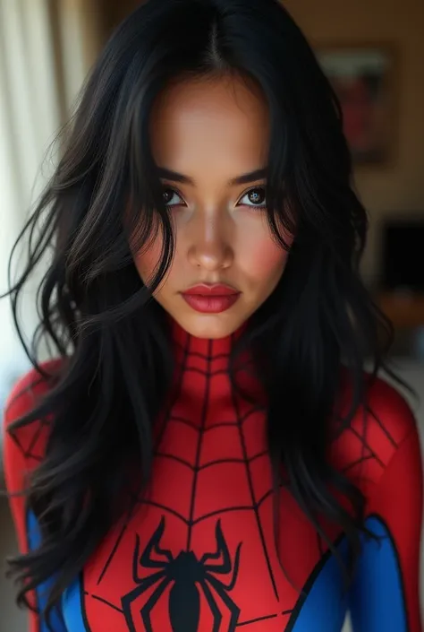 A selfie of a latin girl with long black hair dressed in a tight spiderman suit, sexy look, realistic 