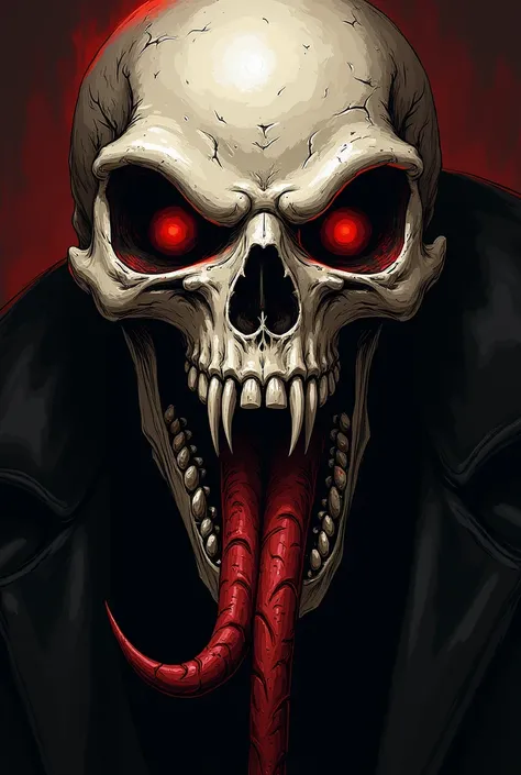 Vampire skull,  drawn, front, reptile tongue, red eyes, evil